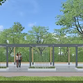 Outdoor Pergola With Wooden Frame White Railings And People Resting Under Blue Sky Among Trees