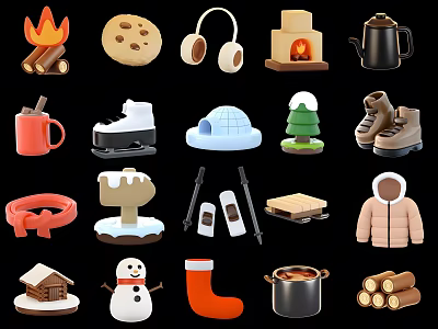 Winter Element Bonfire Snowman Hot Pot Scarf Cotton Clothes Cotton Shoes Firewood 3d model