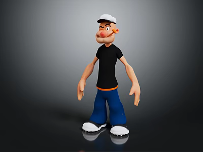 3D Cartoon Character Wearing White Cap Black T-shirt Blue Pants White Shoes On Dark Background 3d model