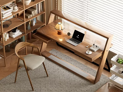 Wooden Home Office Desk With Laptop Table Lamp Chair Shelf And Area Rug 3d model