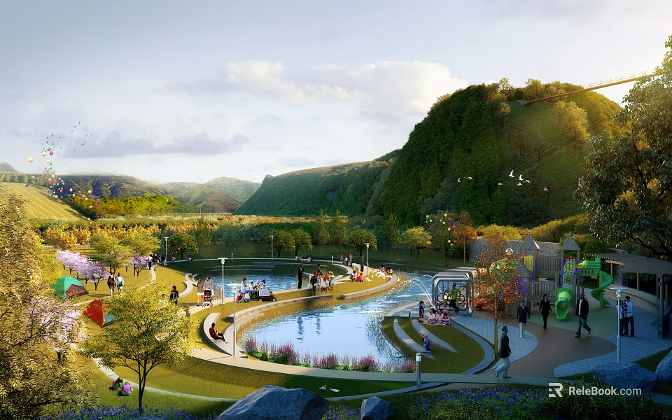 Scenic Park Landscape with Hills Pond Grassy Areas Playground Trees and People Enjoying Activities 3d model 