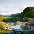 Scenic Park Landscape with Hills Pond Grassy Areas Playground Trees and People Enjoying Activities