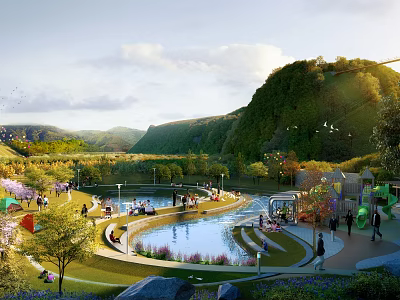 Scenic Park Landscape with Hills Pond Grassy Areas Playground Trees and People Enjoying Activities 3d model