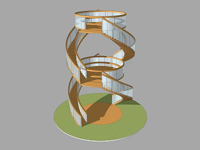 Modern Spiral Staircase With Wooden Steps Glass Railings And Green Circular Base 3d model