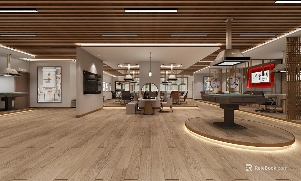 Modern Interior Space With Wooden Flooring Grid Ceiling Light Strips Round Table And Sofas 3d model 