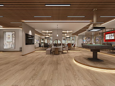 Modern Interior Space With Wooden Flooring Grid Ceiling Light Strips Round Table And Sofas 3d model