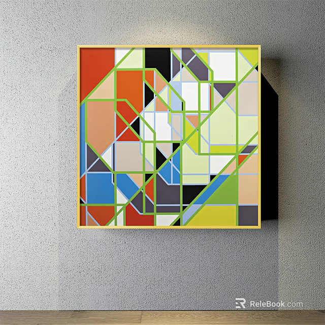 Colorful Abstract Geometric Painting With Various Shapes Hanging On Gray Wall 3d model 