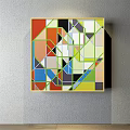 Colorful Abstract Geometric Painting With Various Shapes Hanging On Gray Wall