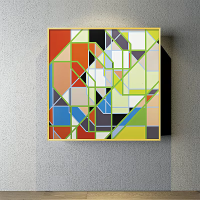 Colorful Abstract Geometric Painting With Various Shapes Hanging On Gray Wall 3d model