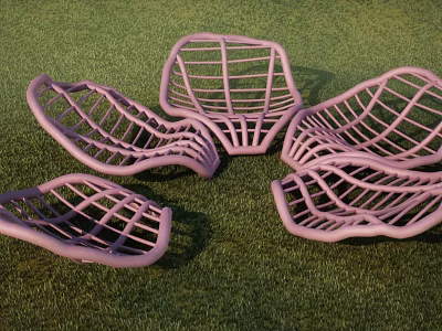 Purple Mesh Outdoor Chairs With Curved Wave Design On Green Grass 3d model