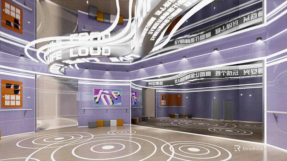 Spacious Modern Fitness Studio Interior With Purple Walls And Circular Floor Patterns 3d model 