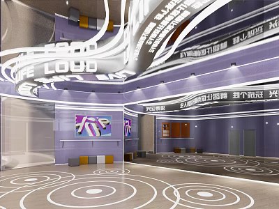 Spacious Modern Fitness Studio Interior With Purple Walls And Circular Floor Patterns 3d model