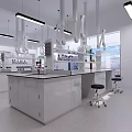 Modern Laboratory Interior Design With Workbench Fume Hoods And Overhead Lighting