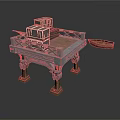 Intricate Decorative Platform With Stacked Boxes And Small Wooden Boat