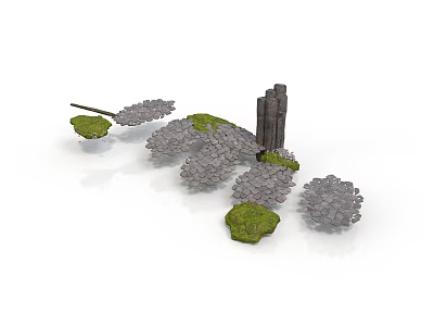 3D Scene Construction Components With Trees Rock Formations And Tower Structure 3d model