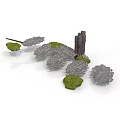 3D Scene Construction Components With Trees Rock Formations And Tower Structure