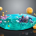 Cartoon Scene With Blue Water Waves Character On Purple Whale And Yellow Spheres
