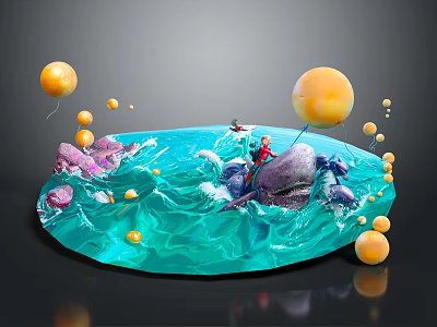 Cartoon Scene With Blue Water Waves Character On Purple Whale And Yellow Spheres 3d model