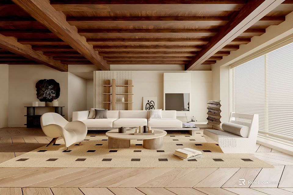 Rustic Modern Living Room Interior With Wooden Beam Ceiling White Sofa And Round Coffee Table 3d model 