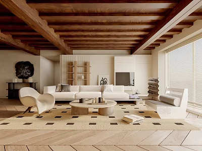 Rustic Modern Living Room Interior With Wooden Beam Ceiling White Sofa And Round Coffee Table 3d model