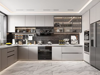 Modern Kitchen Interior With Gray Cabinets Marble Counter And Stainless Steel Appliances 3d model