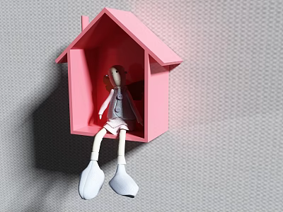 Pink House Shaped Container With Red Haired Doll Wearing White Outfit And White Shoes 3d model