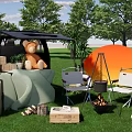 Outdoor Camping Setup With Open Vehicle Trunk Teddy Bear Folding Chairs And Campfire