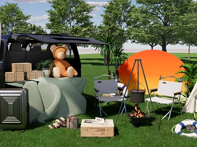 Outdoor Camping Setup With Open Vehicle Trunk Teddy Bear Folding Chairs And Campfire 3d model