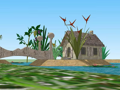 Cartoon Scene With Thatched Roof Hut Wooden Bridge Green Plants Red Flowers And Water 3d model