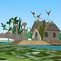 Cartoon Scene With Thatched Roof Hut Wooden Bridge Green Plants Red Flowers And Water