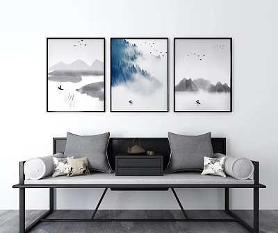 Modern Chinese Arhat Daybed Interior With Gray Cushions And Three Ink Wash Landscape Paintings 3d model
