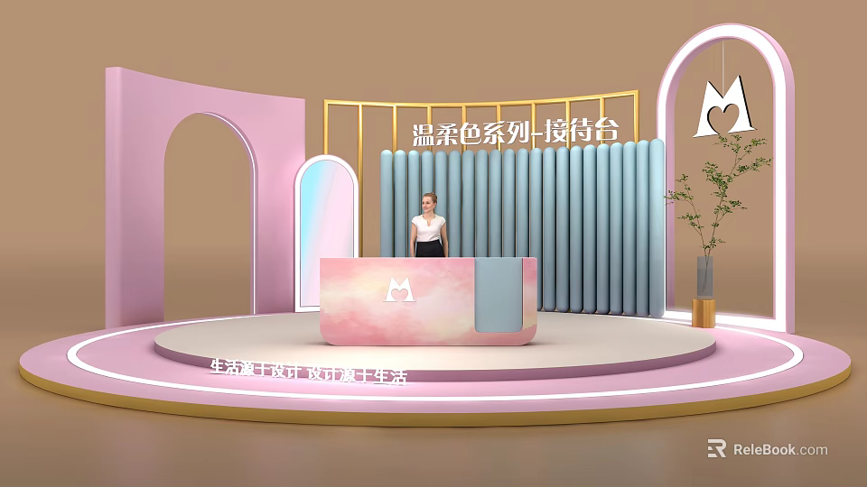 Gentle Color Series Reception Desk Design With Pastel Pink Blue Decor And Curved Structure 3d model 