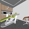 Modern Dental Clinic Interior With Green Chair Waiting Chair Wooden Cabinets And Equipment