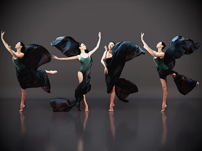 Women Dancing in Green Leotards with Flowing Black Fabric on Grey Background 3d model