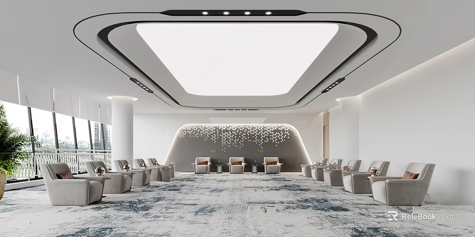 Modern Conference Room With Spacious Layout White Ceiling Lighting Seating Carpet And Decorative Wall 3d model 