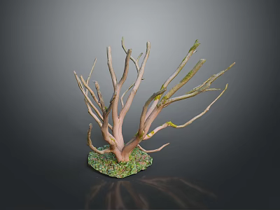Decorative Tree Like Ornament With Slender Light Brown Branches And Green Moss Base 3d model