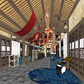 Cozy Café Interior With Wooden Structure Blue Sofas Bar Counter And Drum Decorations