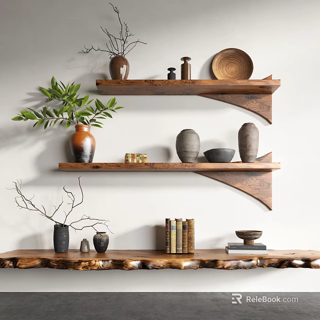 Wooden Floating Shelves with Vases Plates Books and Green Plants Decor 3d model 