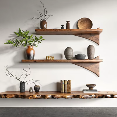 Wooden Floating Shelves with Vases Plates Books and Green Plants Decor 3d model
