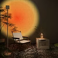 Floor Lamp With Sunset Projection Creating Cozy Indoor Atmosphere And Armchair Side Table Potted Plant