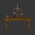 Vintage Wooden Table With Balance Scale And Scrolls As Household Items