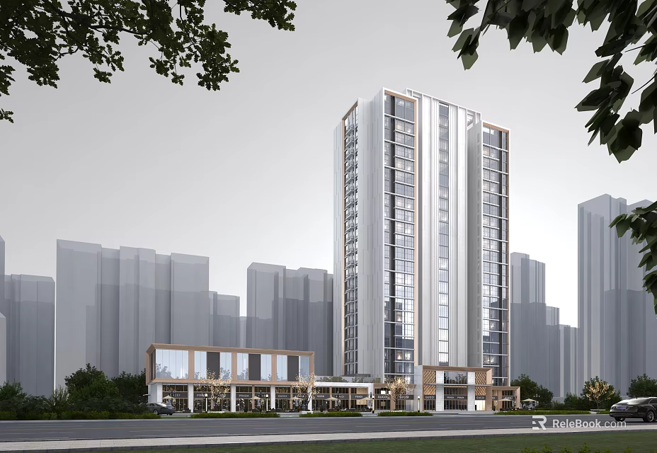 Modern High Rise Residential Building With Ground Floor Design And Urban Greenery Surroundings 3d model 