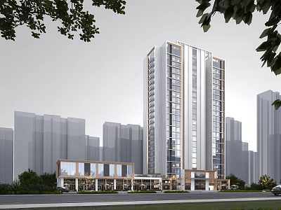 Modern High Rise Residential Building With Ground Floor Design And Urban Greenery Surroundings 3d model