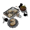 Delicious Cinnamon Rolls And Chocolate Cake With Coffee Cup Knife Fork On Tray
