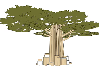 Columns Structured as Tree Trunk with Lush Green Leaves and Base Blocks 3d model