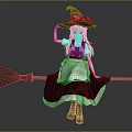 Witch Character Sitting On Broom With Black Hat And White Apron Dress