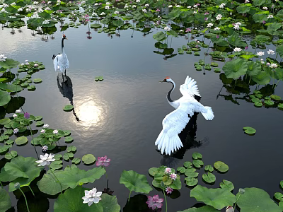 Vibrant Aquatic Plants With Lily Pads Lotus Flowers And White Cranes On Calm Water 3d model