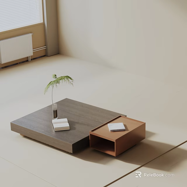 Modern Living Room Sofa Coffee Table Set With Gray Brown Tables Potted Plant And Books 3d model 