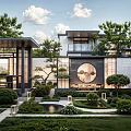 Garden Ornaments in Modern Chinese Courtyard with Water Feature Stone Pathway and Trimmed Shrubs