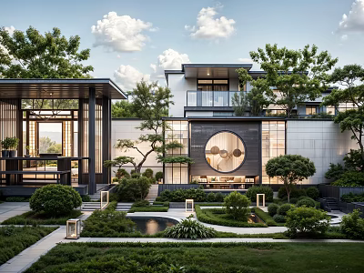 Garden Ornaments in Modern Chinese Courtyard with Water Feature Stone Pathway and Trimmed Shrubs 3d model